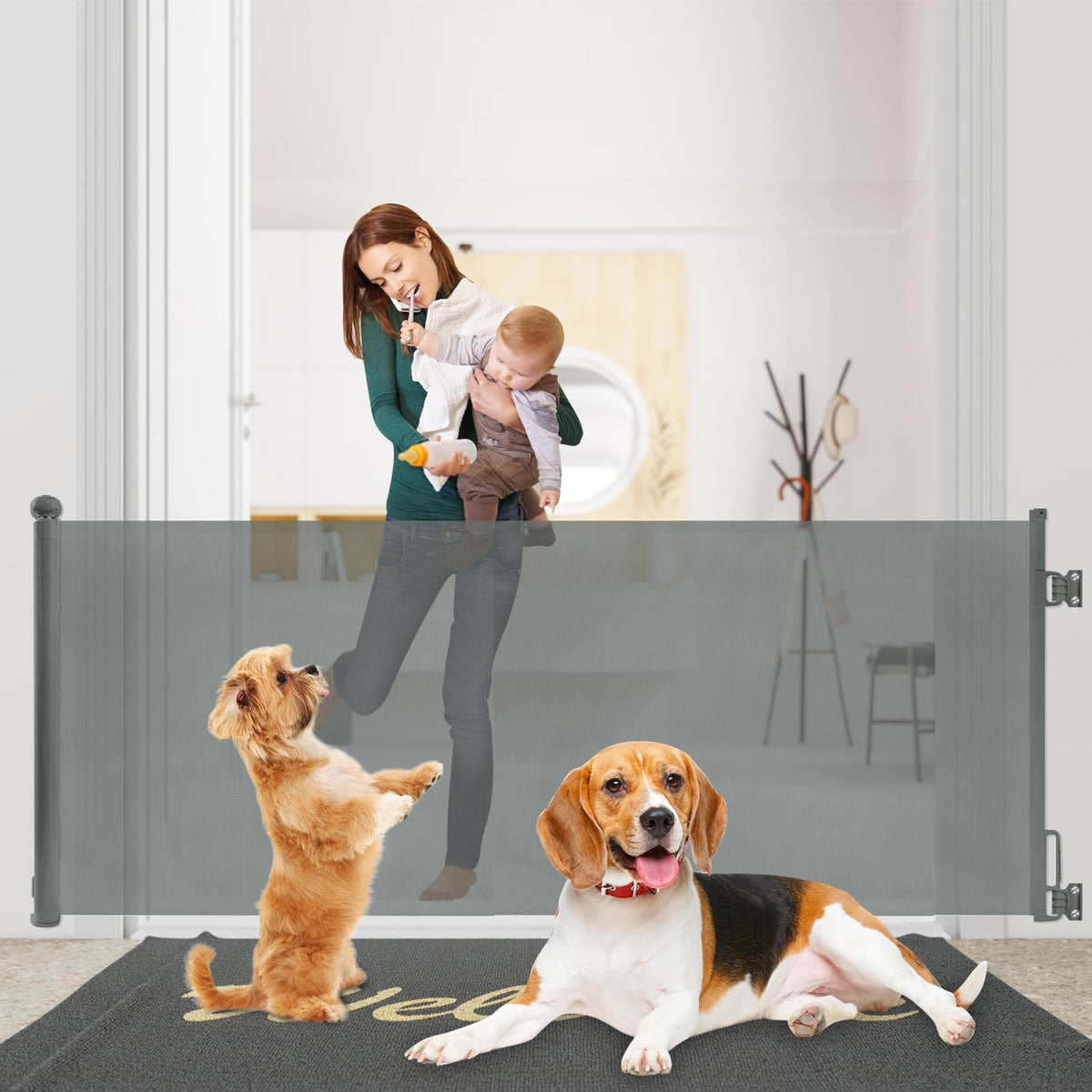 Rainberg Retractable Baby Gate - 150cm x 80cm Child & Pet Safety Stair Gate with 2-Step Lock for Doorways & Stairs - Grey - Damaged Box