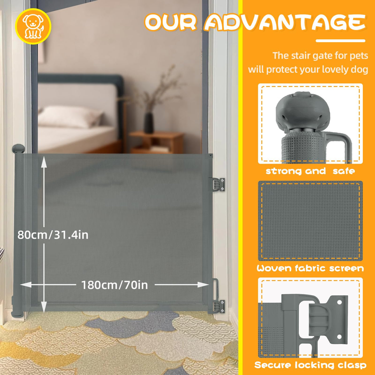 Rainberg Retractable Baby Gate - 150cm x 80cm Child & Pet Safety Stair Gate with 2-Step Lock for Doorways & Stairs - Grey - Damaged Box
