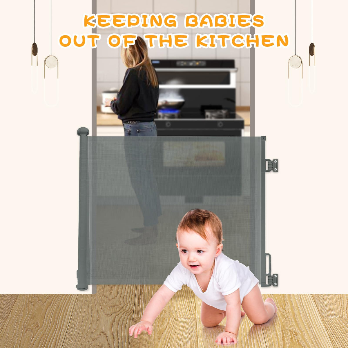 Rainberg Retractable Baby Gate - 150cm x 80cm Child & Pet Safety Stair Gate with 2-Step Lock for Doorways & Stairs - Grey - Damaged Box