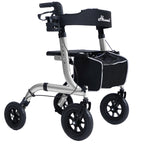 Rollator Walker with Seat - Lightweight Foldable All Terrain Aluminium Mobility Walker, 10 Inch Rubber Wheels, Backrest - Silver - New