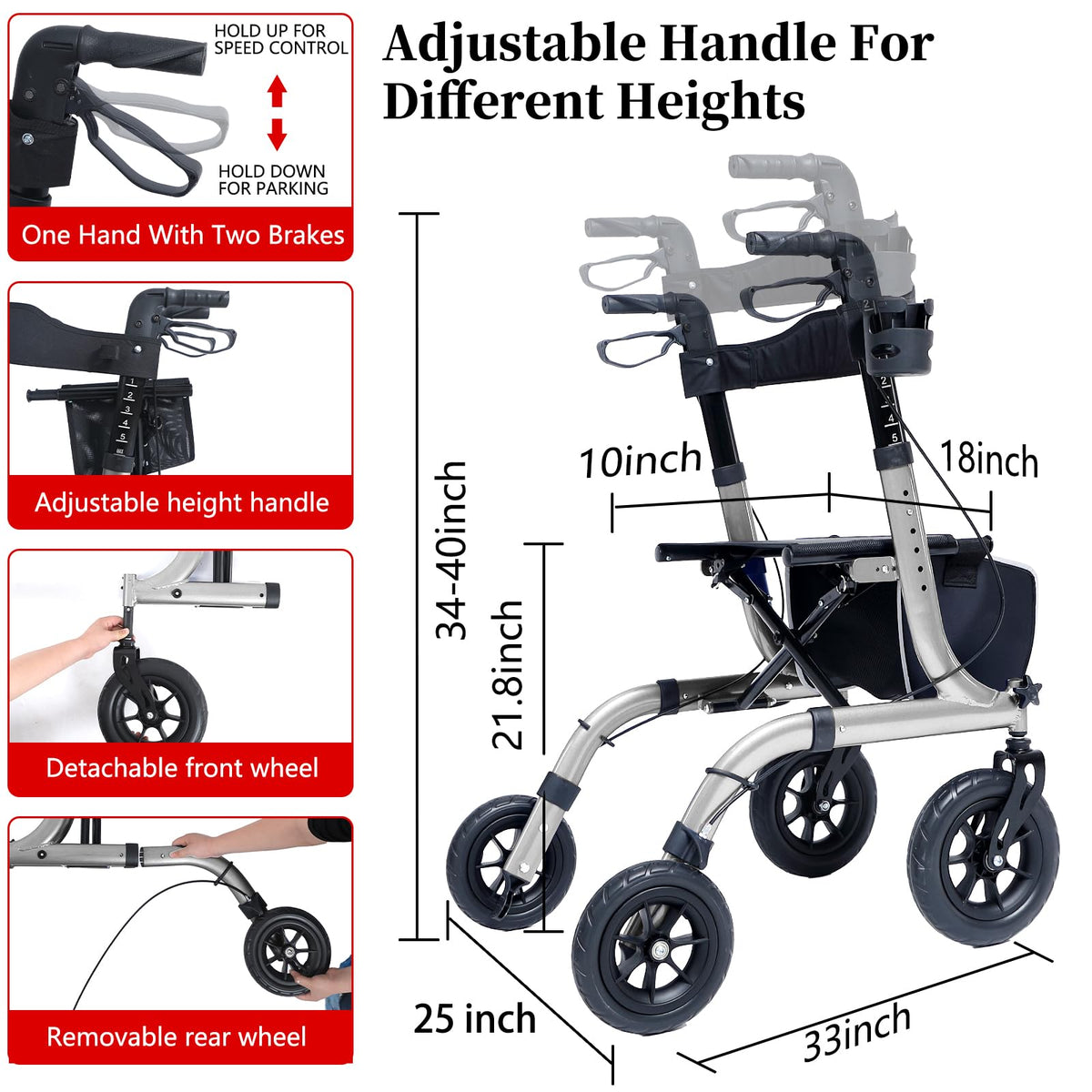 Rollator Walker with Seat - Lightweight Foldable All Terrain Aluminium Mobility Walker, 10 Inch Rubber Wheels, Backrest - Silver - New