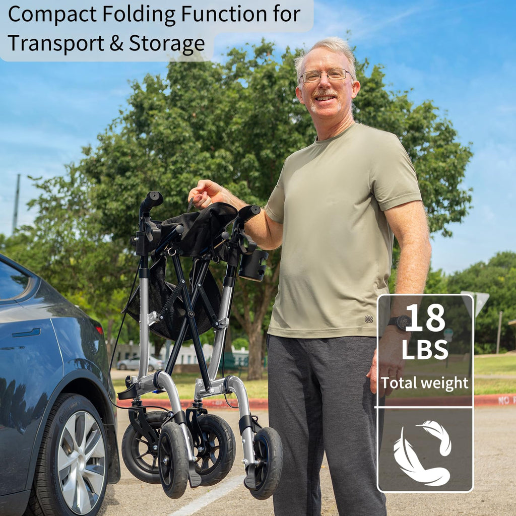 Rollator Walker with Seat - Lightweight Foldable All Terrain Aluminium Mobility Walker, 10 Inch Rubber Wheels, Backrest - Silver - New