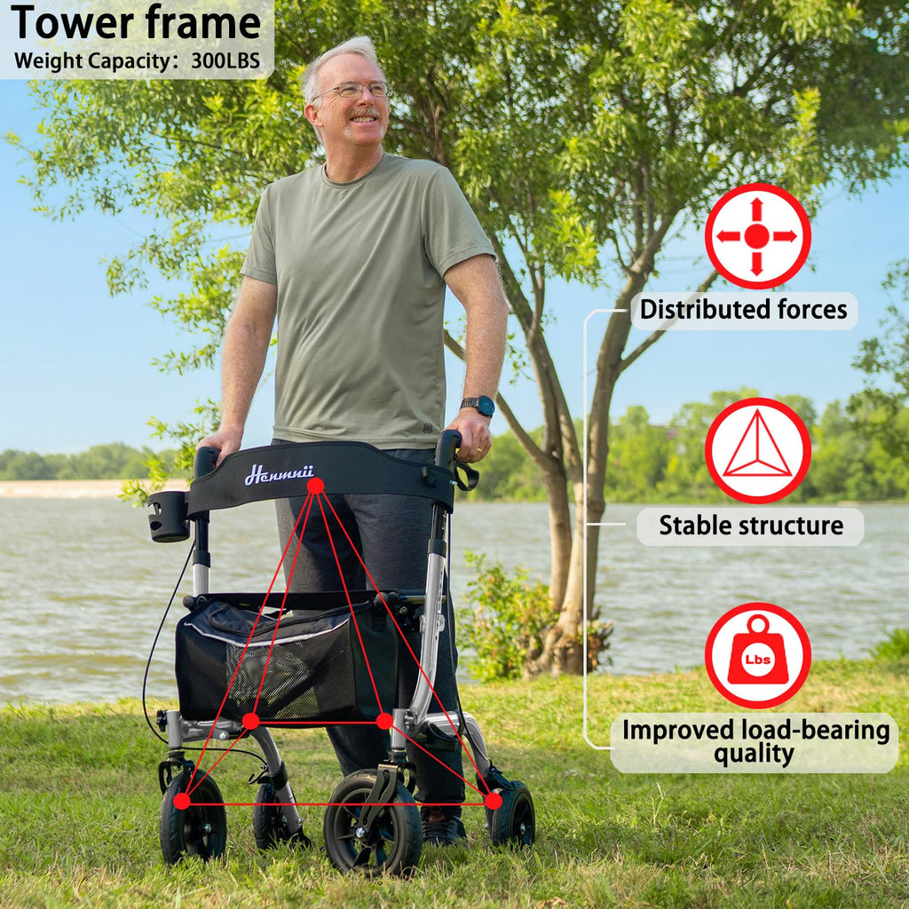 Rollator Walker with Seat - Lightweight Foldable All Terrain Aluminium Mobility Walker, 10 Inch Rubber Wheels, Backrest - Silver - New