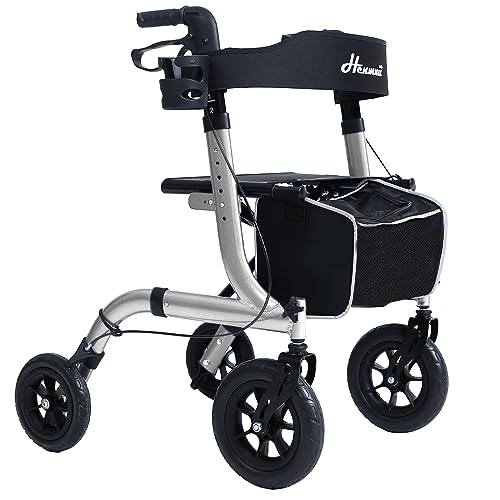 Rollator Walker with Seat - Lightweight Foldable All Terrain Aluminium Mobility Walker, 10 Inch Rubber Wheels, Backrest - Silver - New