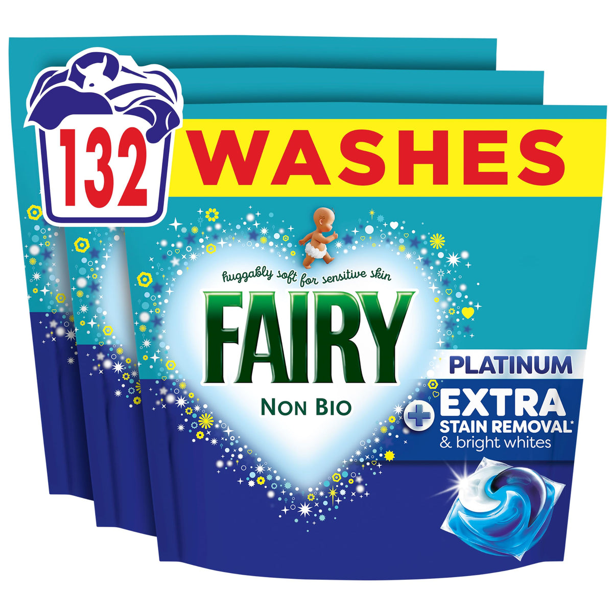 Fairy Non Bio Platinum Laundry Detergent Washing Pods Extra Stain Removal - 132 Pods - Very Good