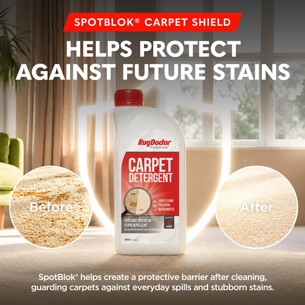 Rug Doctor Carpet Detergent with SpotBlok 1 Litre - 4-in-1 Carpet Cleaner Solution for Carpet Cleaning Machines - New - BBE 04/2031