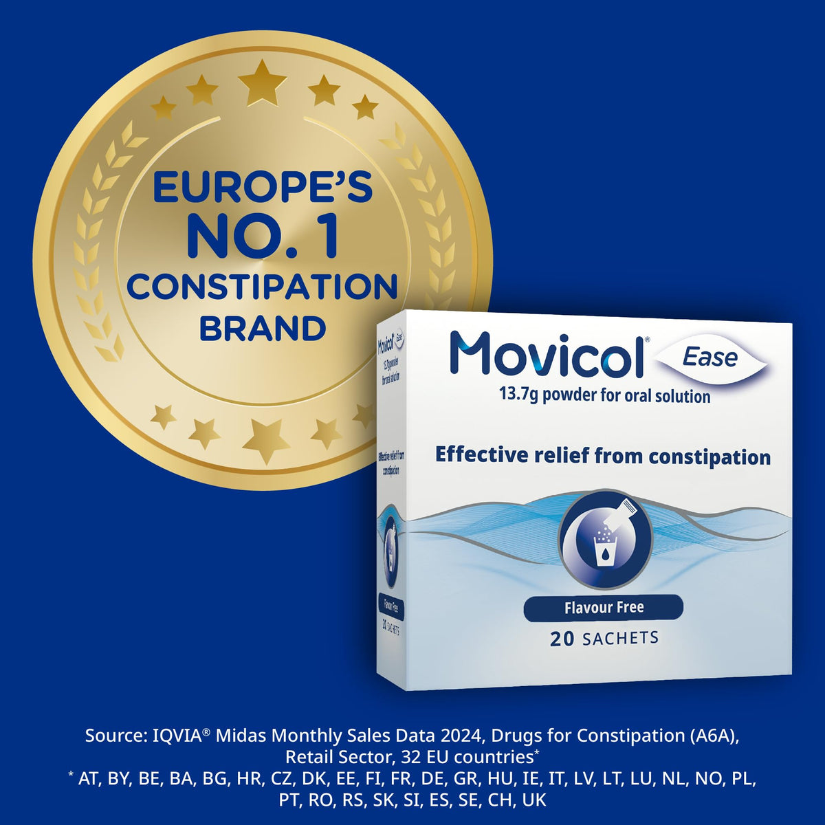 Movicol Ease Stick Sachets Flavour Free - 20 Sachets - Adult Laxative for Constipation Relief - Very Good - BBE 02/2029