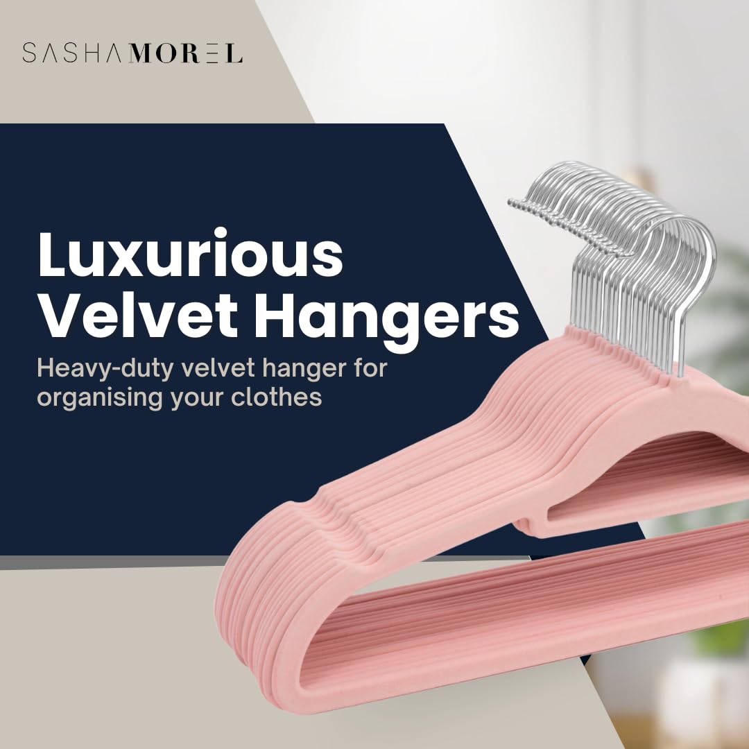 Sasha Morel Velvet Coat Hangers 20 Pack - Non Slip Space Saving Adult Clothes Hangers with Swivel Hooks - Wardrobe Storage - Pink - Very Good
