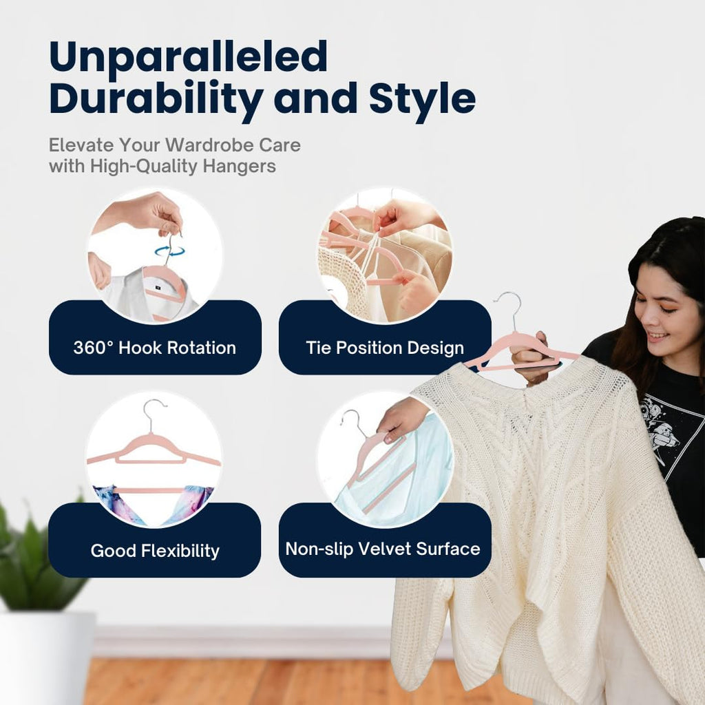 Sasha Morel Velvet Coat Hangers 20 Pack - Non Slip Space Saving Adult Clothes Hangers with Swivel Hooks - Wardrobe Storage - Pink - Very Good