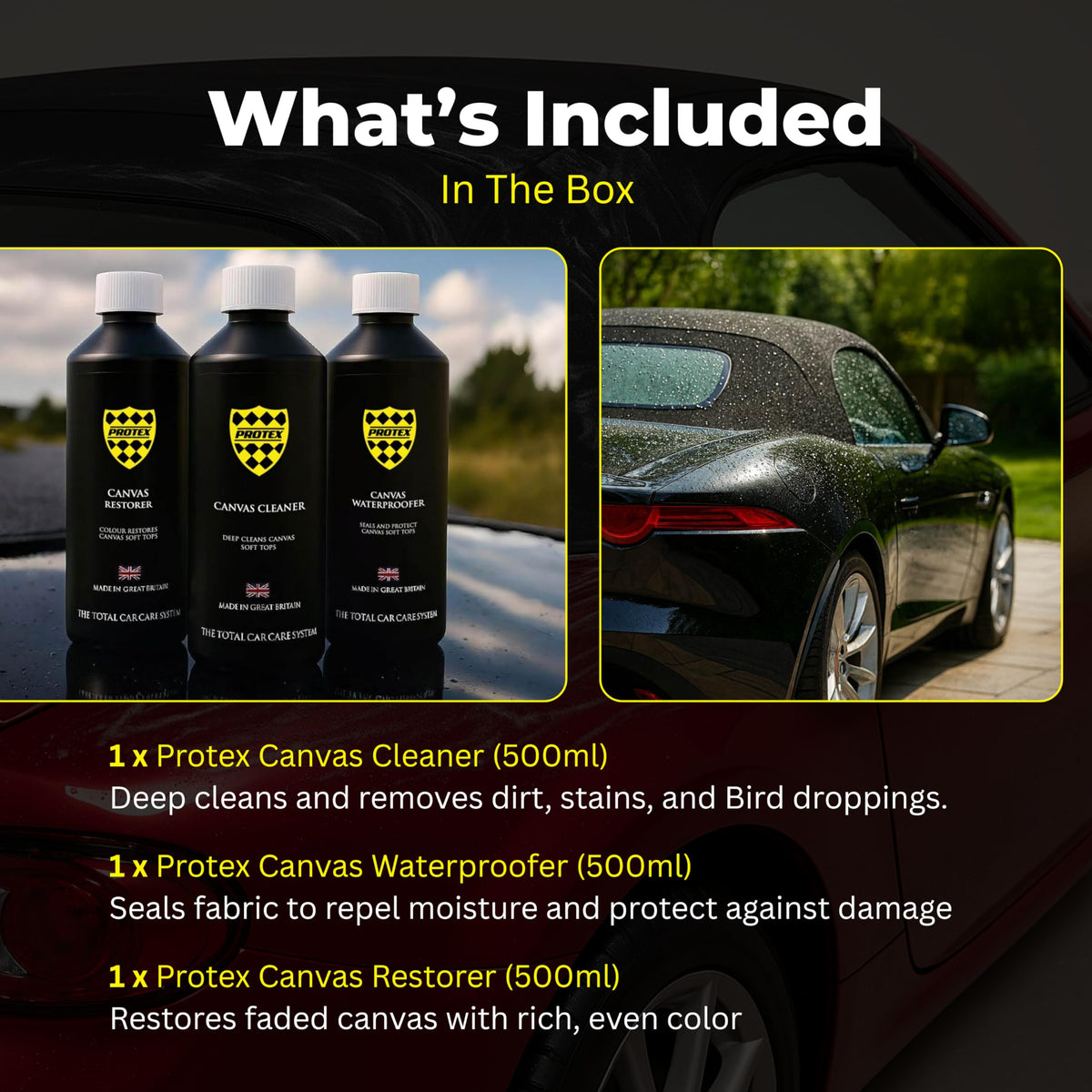 Protex Convertible Soft Top Care Kit - Canvas Cleaner, Black Restorer and Waterproofer - 500ml - Damaged Box