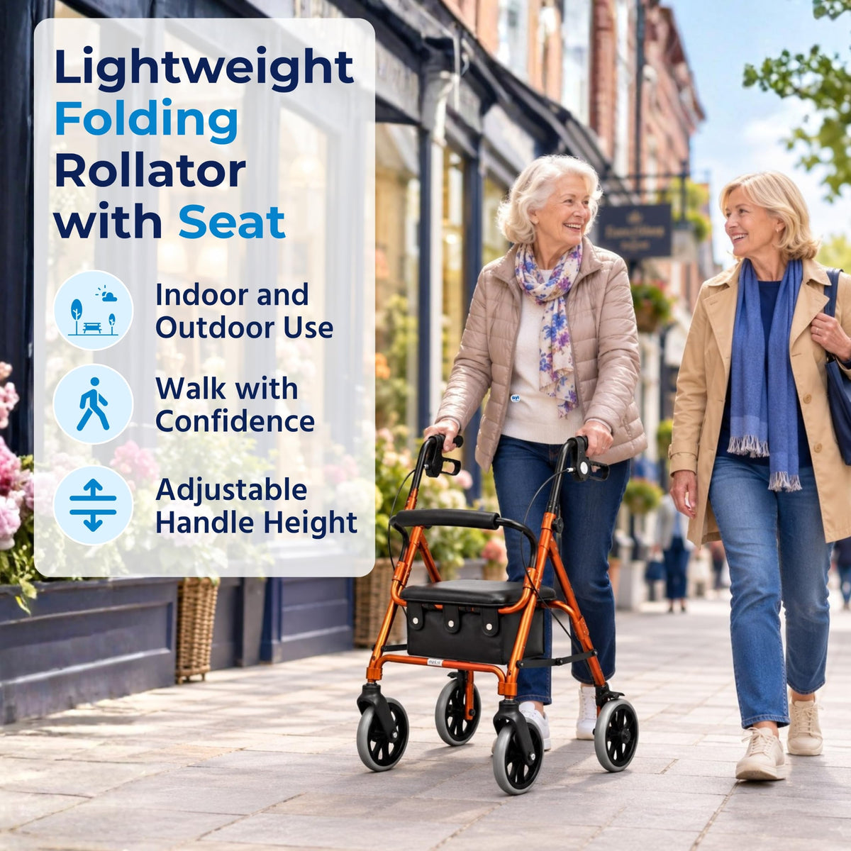 Days Lightweight Folding Rollator Walker with Seat - Mobility Walking Aid - Large, Orange - Very Good