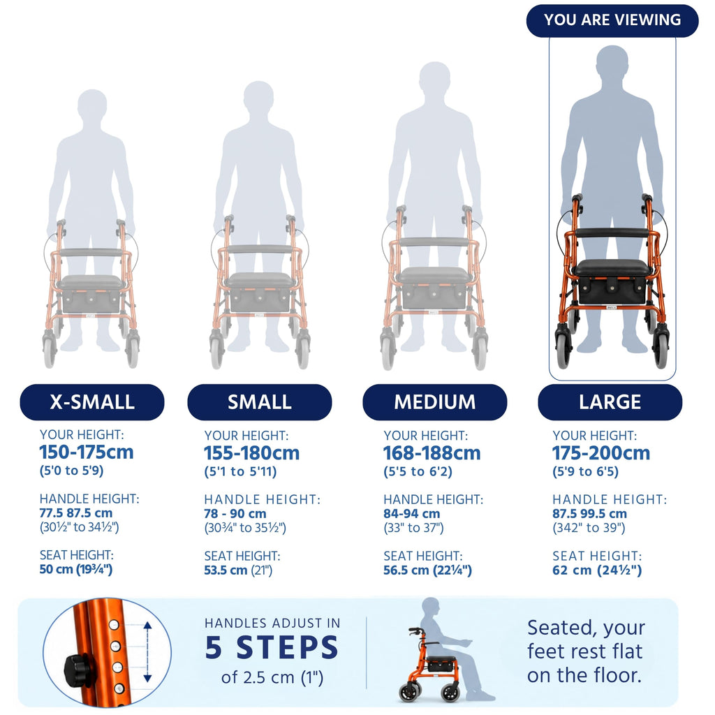 Days Lightweight Folding Rollator Walker with Seat - Mobility Walking Aid - Large, Orange - Very Good