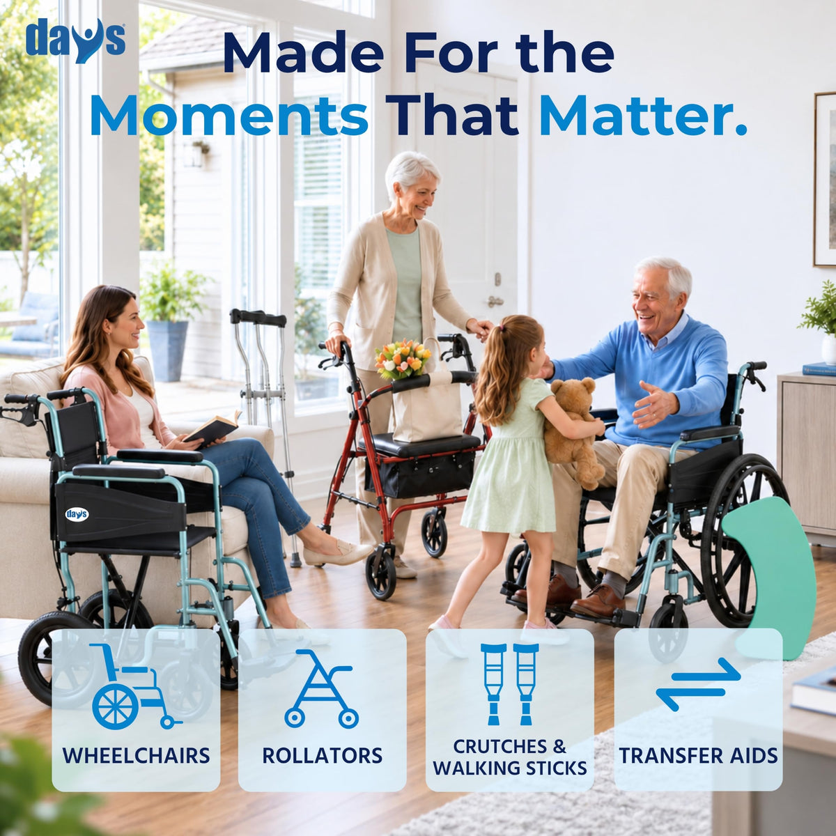 Days Compact Lightweight Folding Wheelchair for Adults - Blue Mobility Aid - Damaged Box