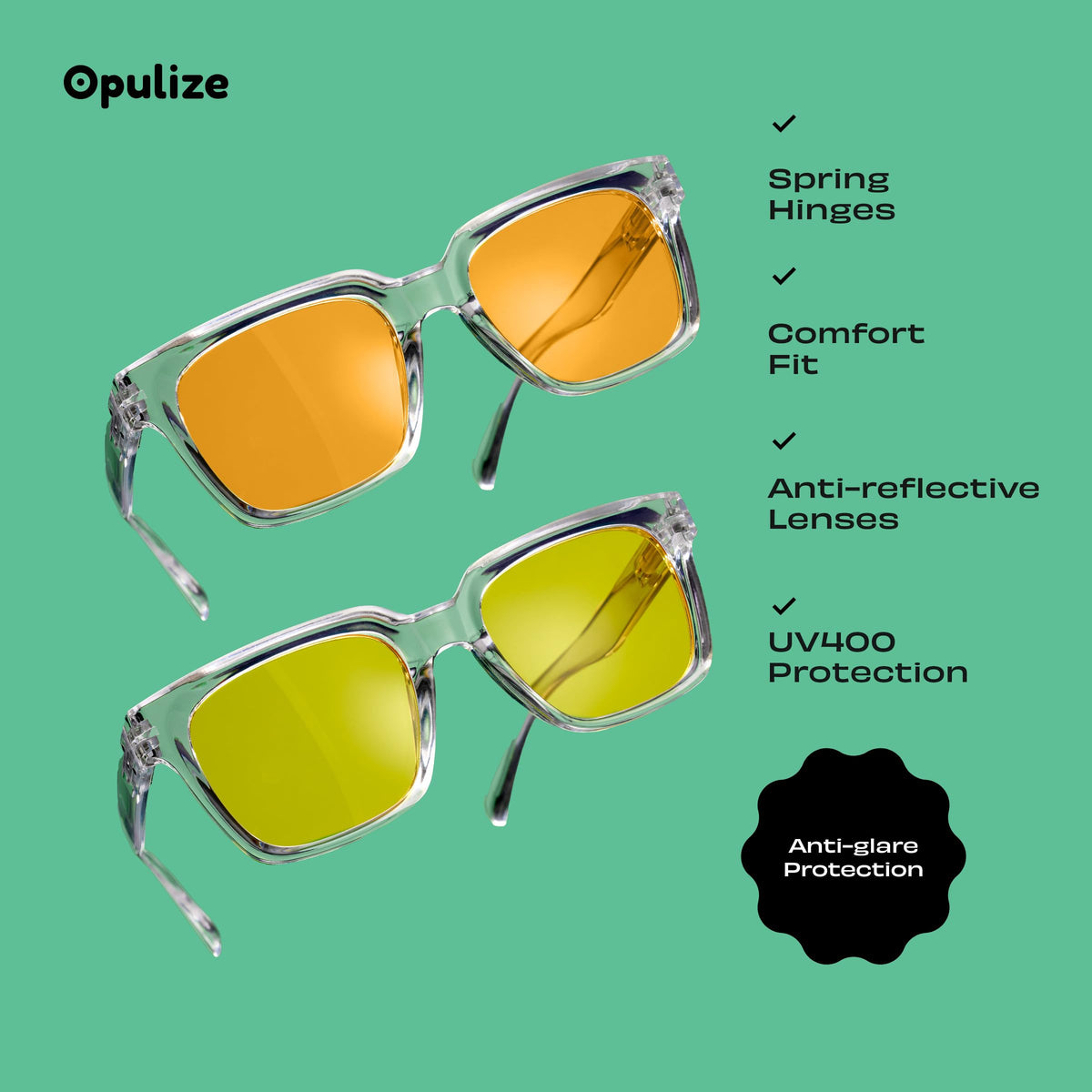 Opulize Era Polarised Sunglasses 2 Pack - Unisex Oversized Rectangular Black Frame Yellow Orange Lenses UV400 - Damaged Box
