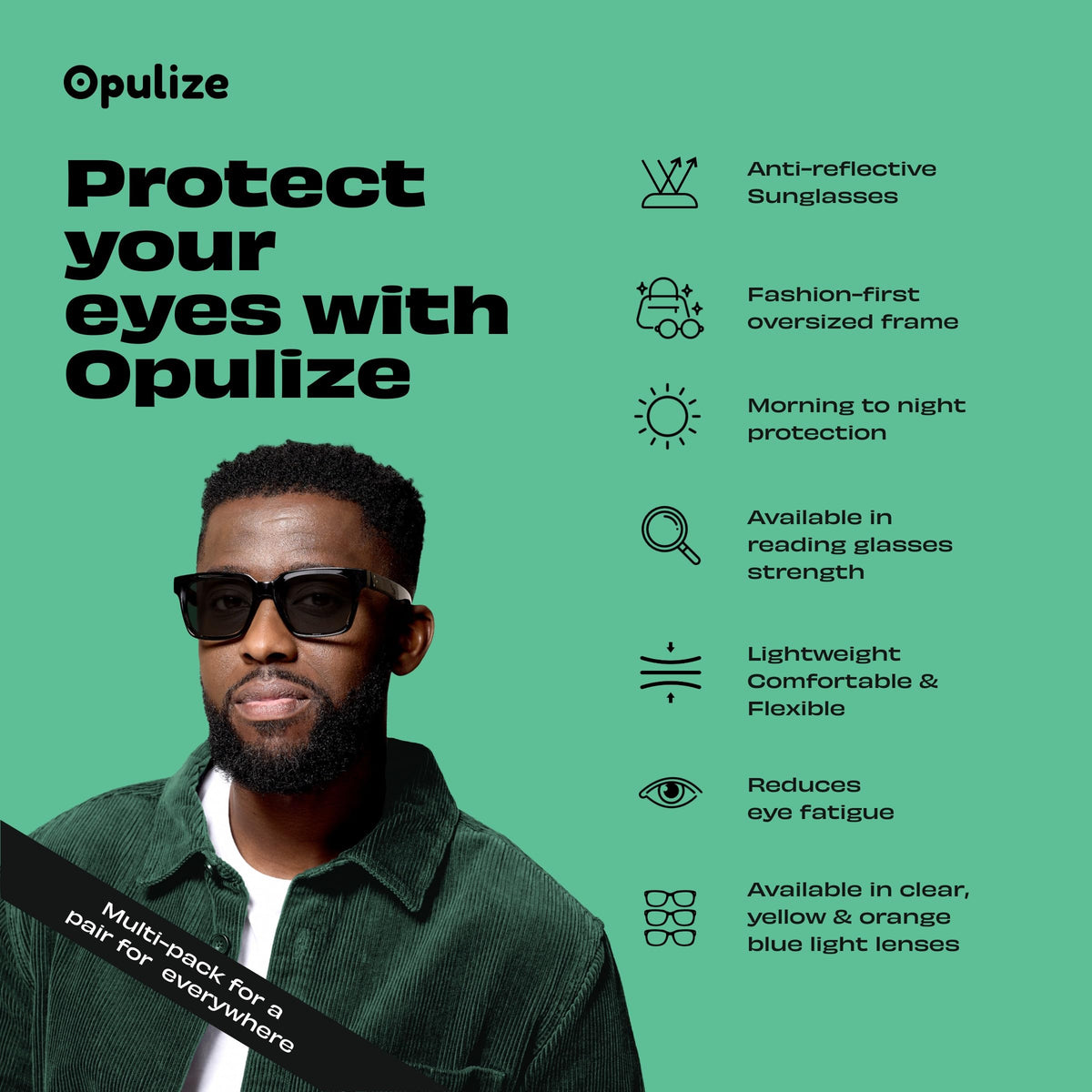 Opulize Era Polarised Sunglasses 2 Pack - Unisex Oversized Rectangular Black Frame Yellow Orange Lenses UV400 - Damaged Box