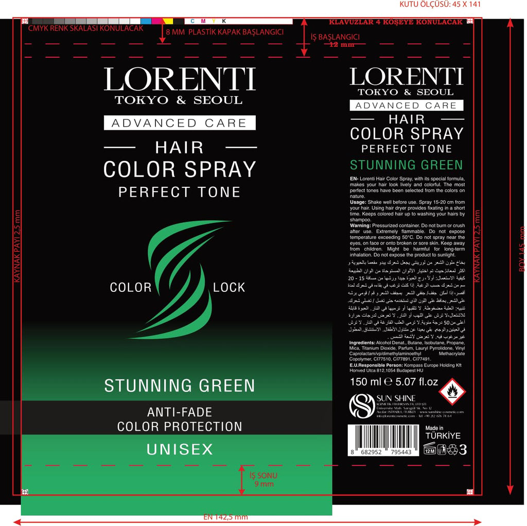 Lorenti Temporary Hair Colour Spray - Green Tone Anti-Fade Colour Protection 150ml - Damaged Box