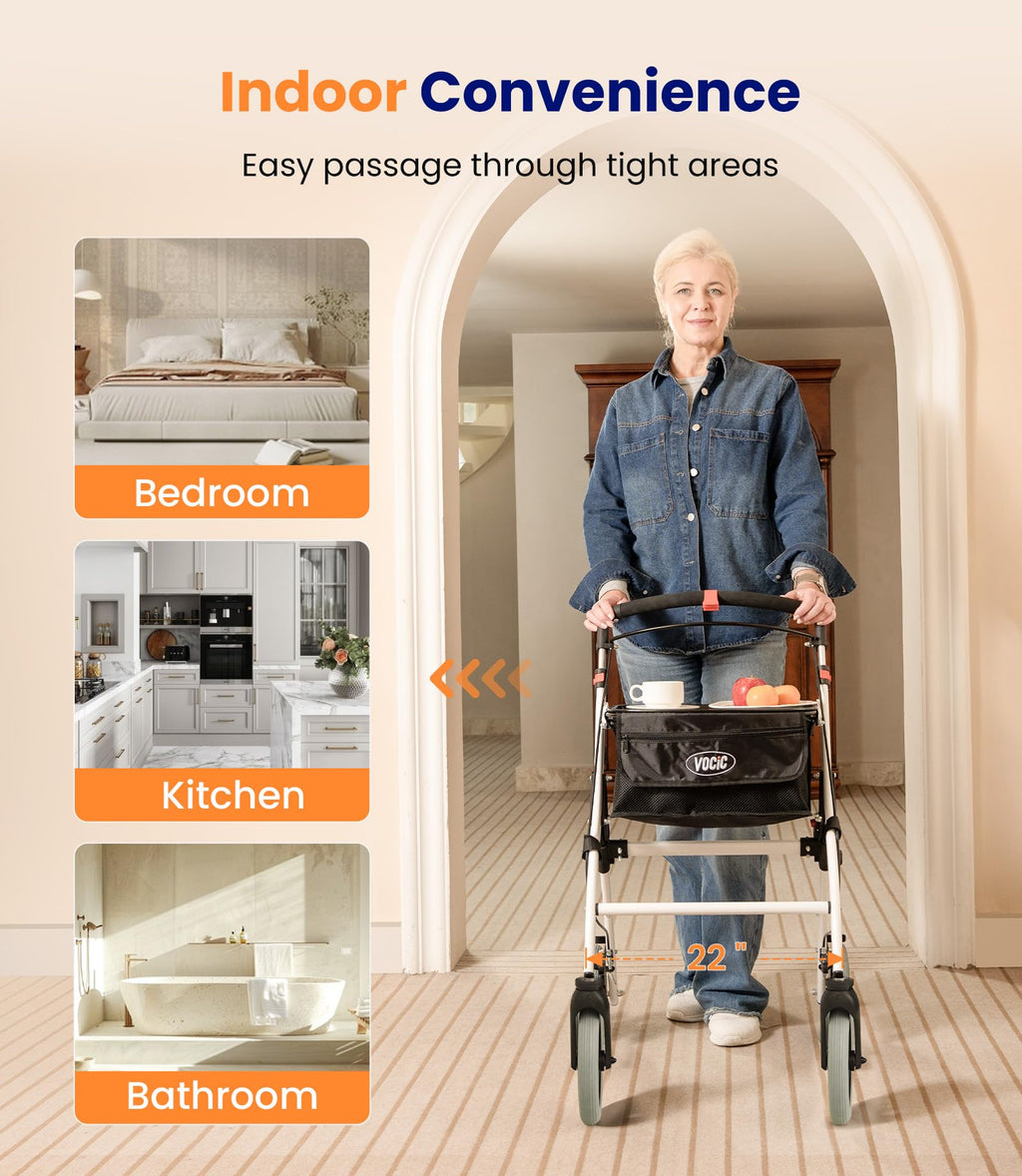 VOCIC Lightweight Indoor Walking Frame with Wheels and Tray - Foldable Aluminium Zimmer Frame Rollator for Small Doorways - White - New
