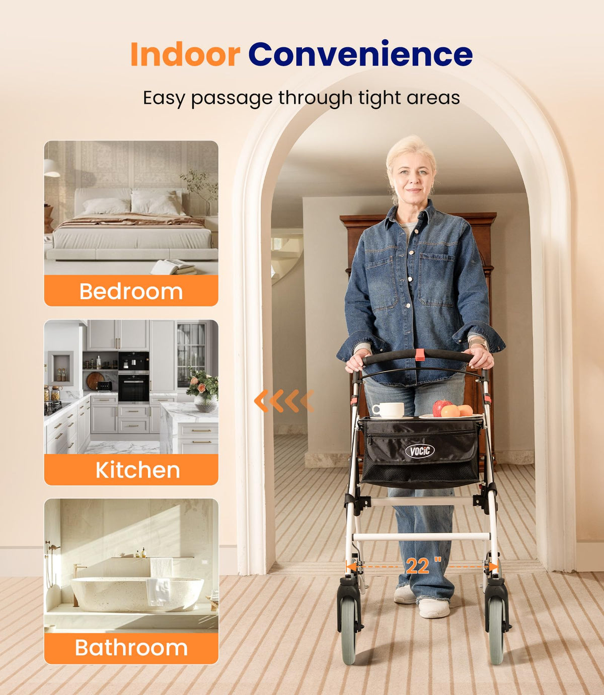 VOCIC Lightweight Indoor Walking Frame with Wheels and Tray - Foldable Aluminium Zimmer Frame Rollator for Small Doorways - White - New