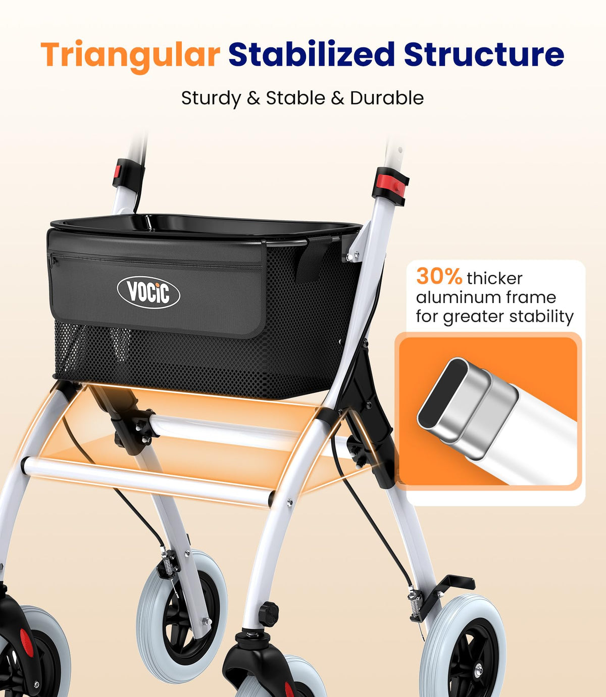 VOCIC Lightweight Indoor Walking Frame with Wheels and Tray - Foldable Aluminium Zimmer Frame Rollator for Small Doorways - White - New