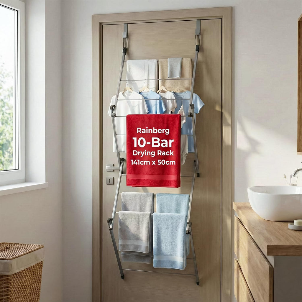 Rainberg Over The Door Clothes Airer - Foldable 10-Bar Laundry Drying Rack Indoor Outdoor 4kg Capacity - Very Good