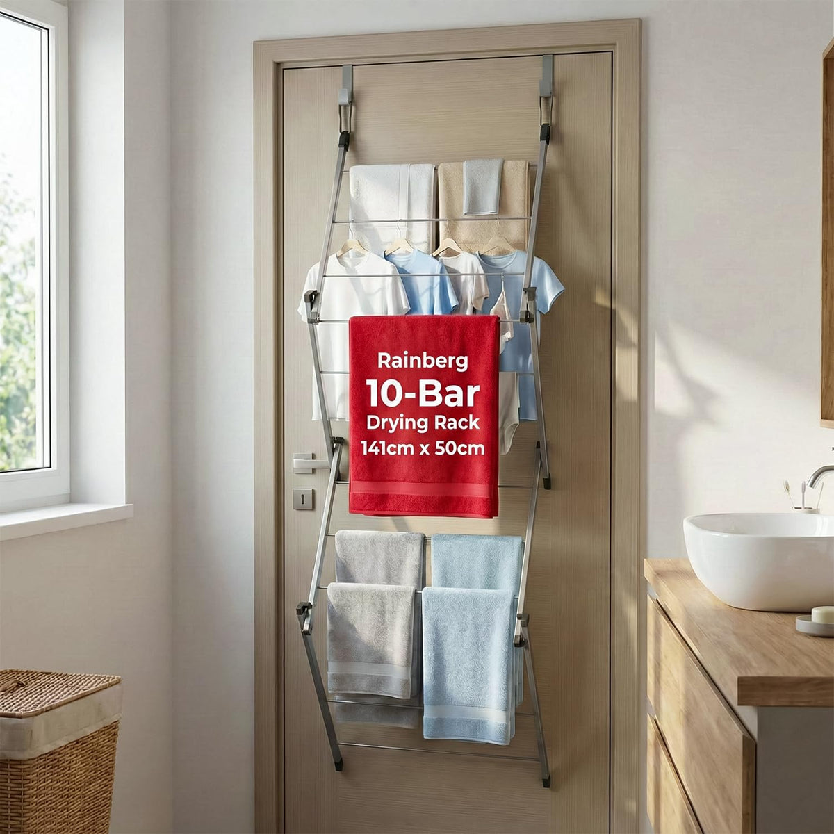Rainberg Over The Door Clothes Airer - Foldable 10-Bar Laundry Drying Rack Indoor Outdoor 4kg Capacity - Very Good