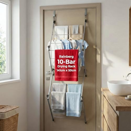 Rainberg Over The Door Clothes Airer - Foldable 10-Bar Laundry Drying Rack Indoor Outdoor 4kg Capacity - Very Good