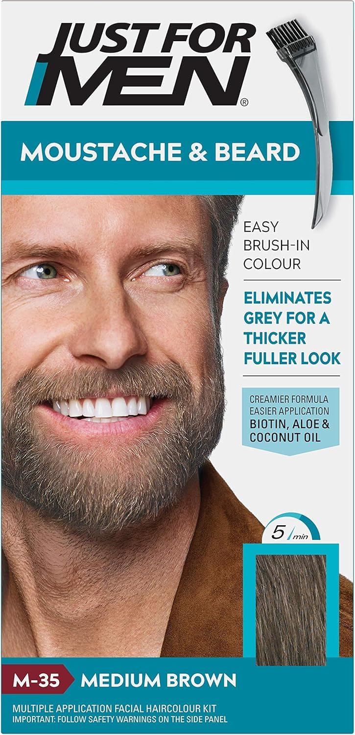Just For Men Moustache & Beard Dye - Medium Brown M35 - Eliminates Grey For Thicker Fuller Look - Damaged Box