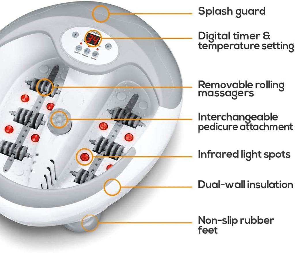 Beurer FB50 Foot Spa Massager with Water Heater - Bubble and Vibration Footbath with Infrared Light, Pedicure Attachments - Very Good