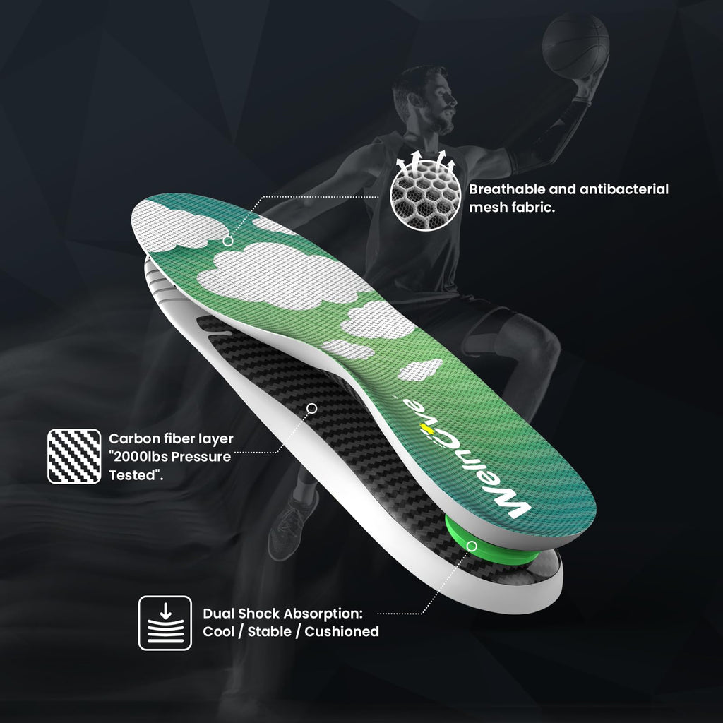 Carbon Fiber Sports Insoles - Arch Support Shock Absorbing Orthotic Shoe Inserts for Running Basketball Hiking - Size XS - Very Good