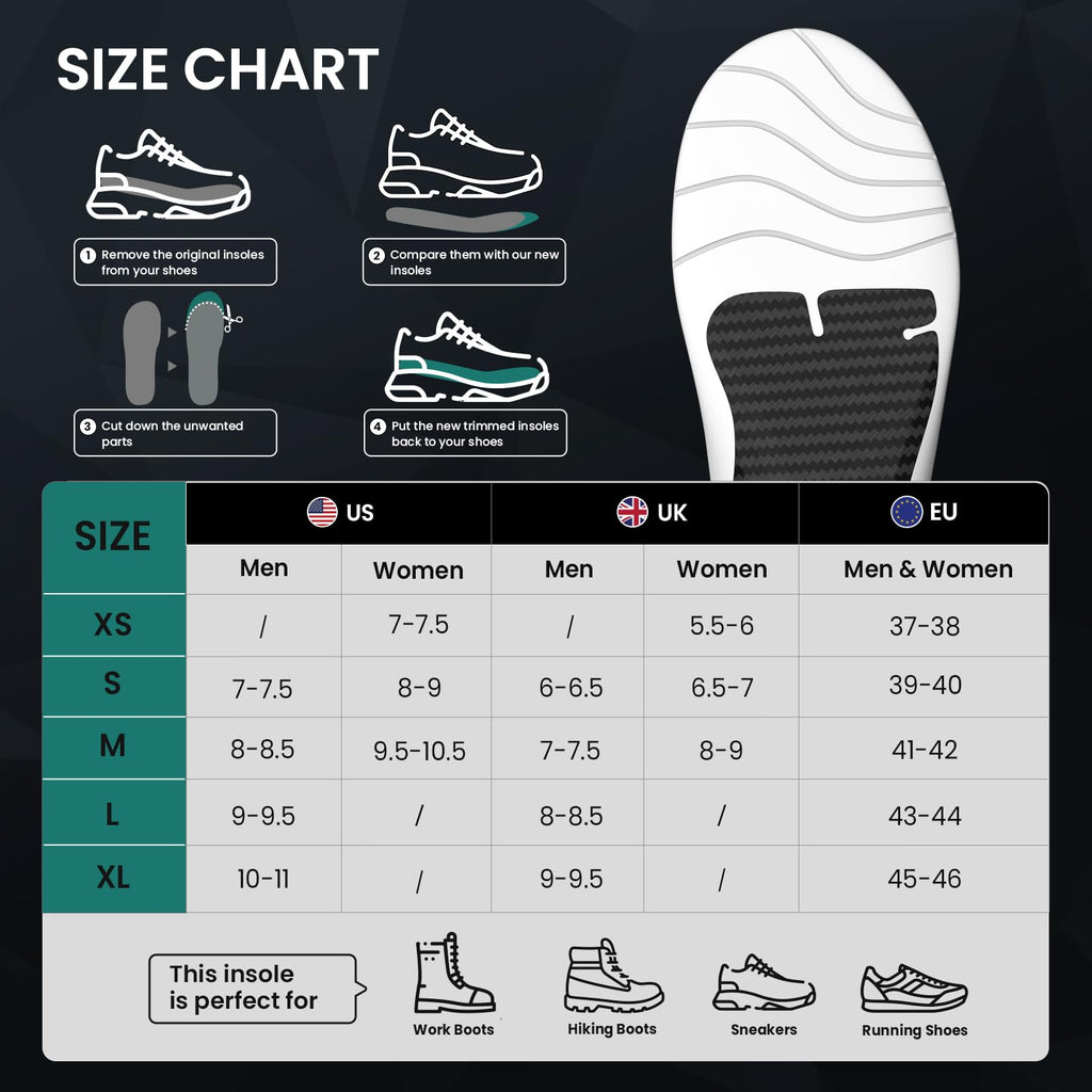 Carbon Fiber Sports Insoles - Arch Support Shock Absorbing Orthotic Shoe Inserts for Running Basketball Hiking - Size XS - Very Good