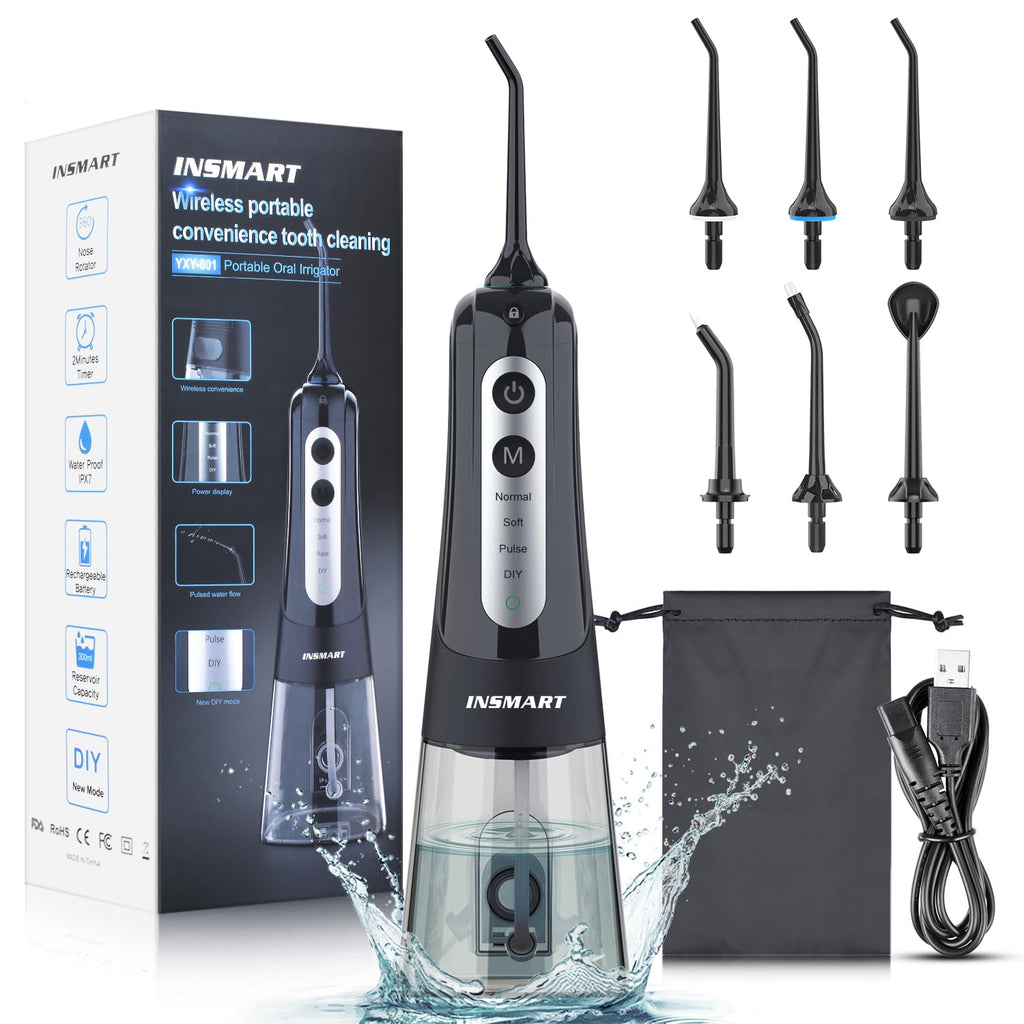 INSMART Cordless Water Dental Flosser - Rechargeable Oral Irrigator Teeth Cleaner, 300ml Tank, 6 Modes, IPX7 Waterproof - Black - New