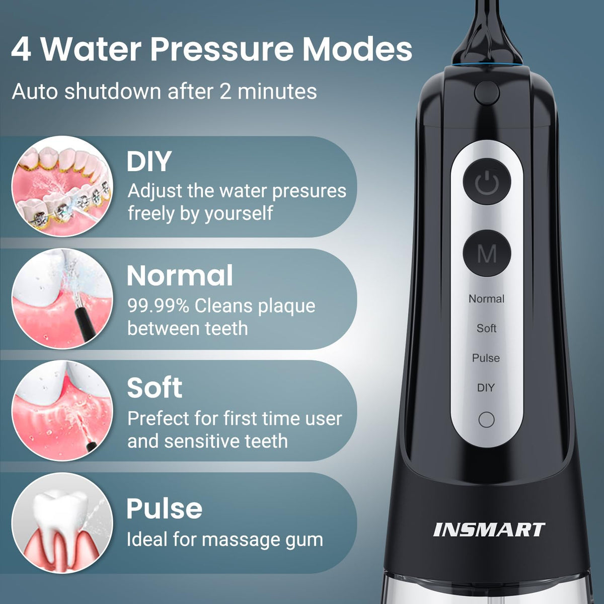 INSMART Cordless Water Dental Flosser - Rechargeable Oral Irrigator Teeth Cleaner, 300ml Tank, 6 Modes, IPX7 Waterproof - Black - New