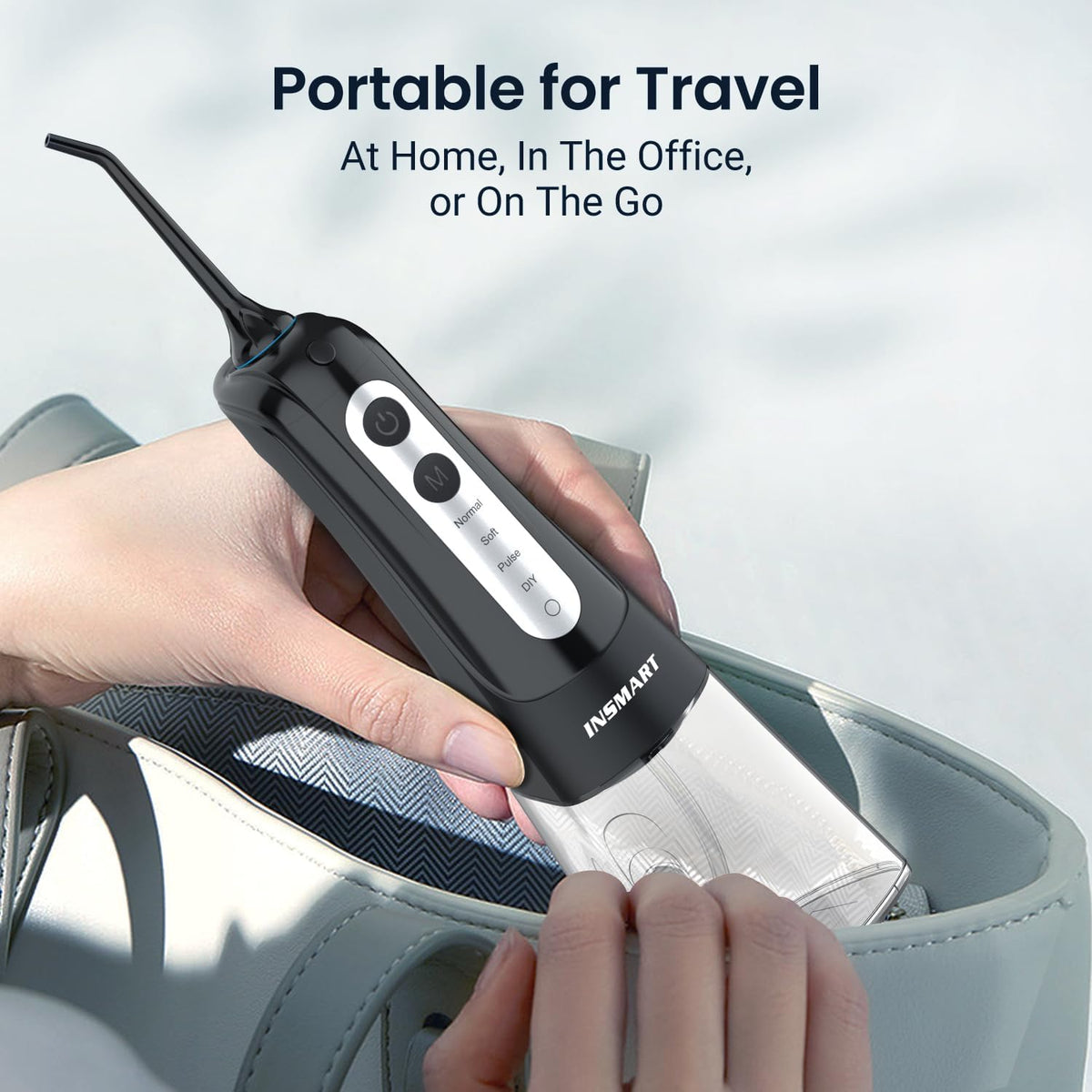 INSMART Cordless Water Dental Flosser - Rechargeable Oral Irrigator Teeth Cleaner, 300ml Tank, 6 Modes, IPX7 Waterproof - Black - New