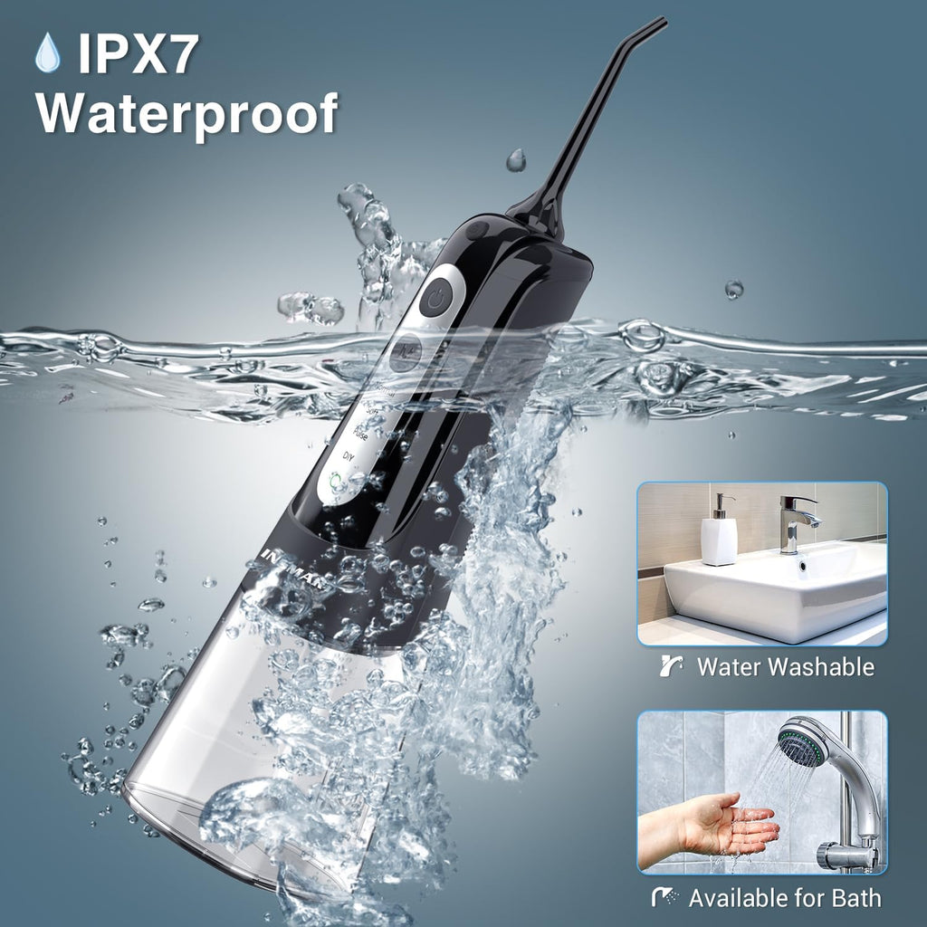 INSMART Cordless Water Dental Flosser - Rechargeable Oral Irrigator Teeth Cleaner, 300ml Tank, 6 Modes, IPX7 Waterproof - Black - New