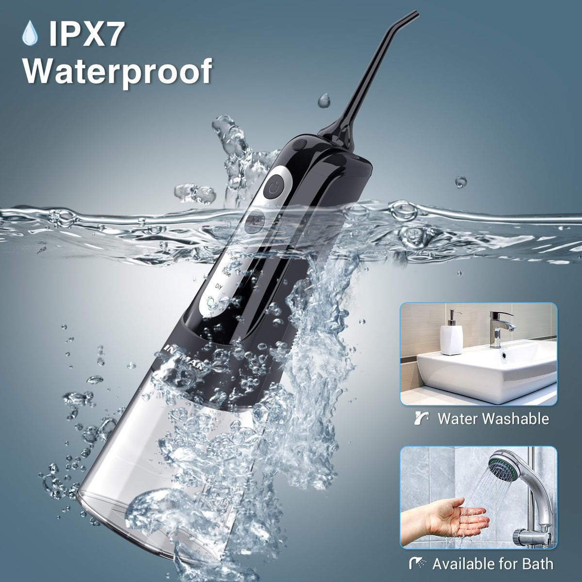 INSMART Cordless Water Dental Flosser - Rechargeable Oral Irrigator Teeth Cleaner, 300ml Tank, 6 Modes, IPX7 Waterproof - Black - New
