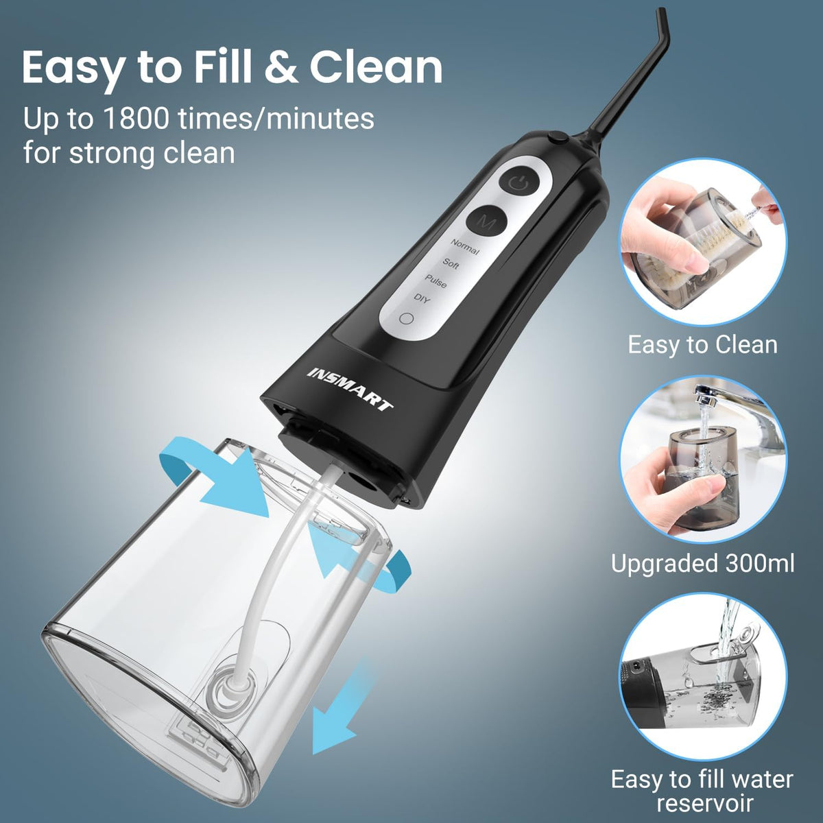 INSMART Cordless Water Dental Flosser - Rechargeable Oral Irrigator Teeth Cleaner, 300ml Tank, 6 Modes, IPX7 Waterproof - Black - New
