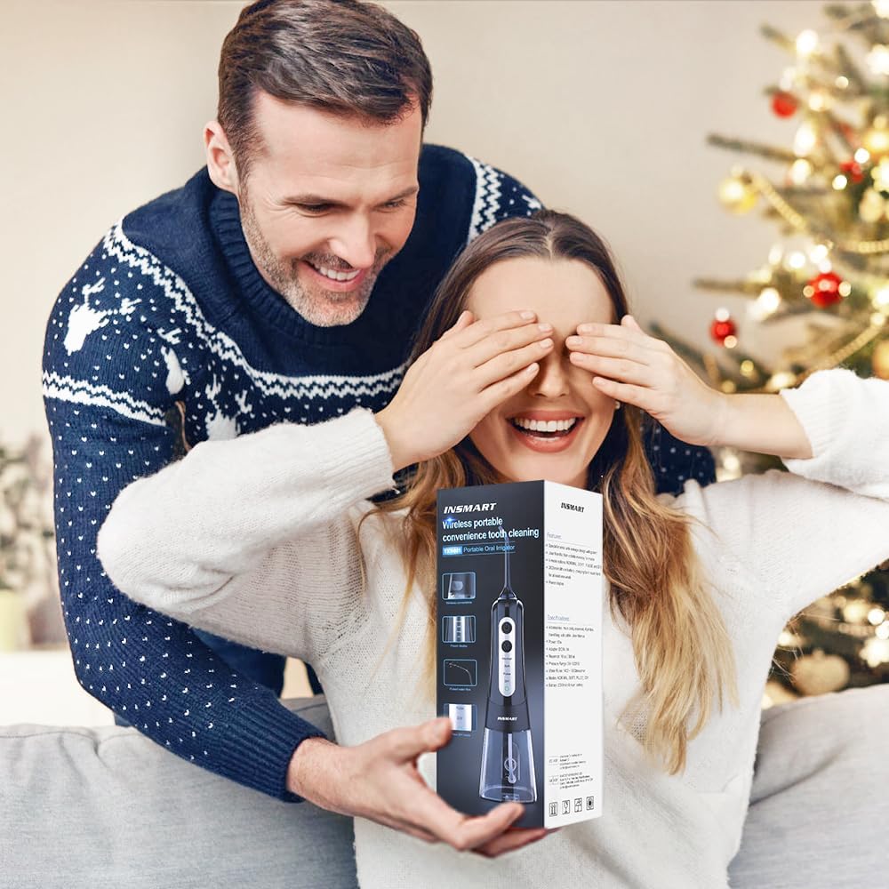INSMART Cordless Water Dental Flosser - Rechargeable Oral Irrigator Teeth Cleaner, 300ml Tank, 6 Modes, IPX7 Waterproof - Black - New