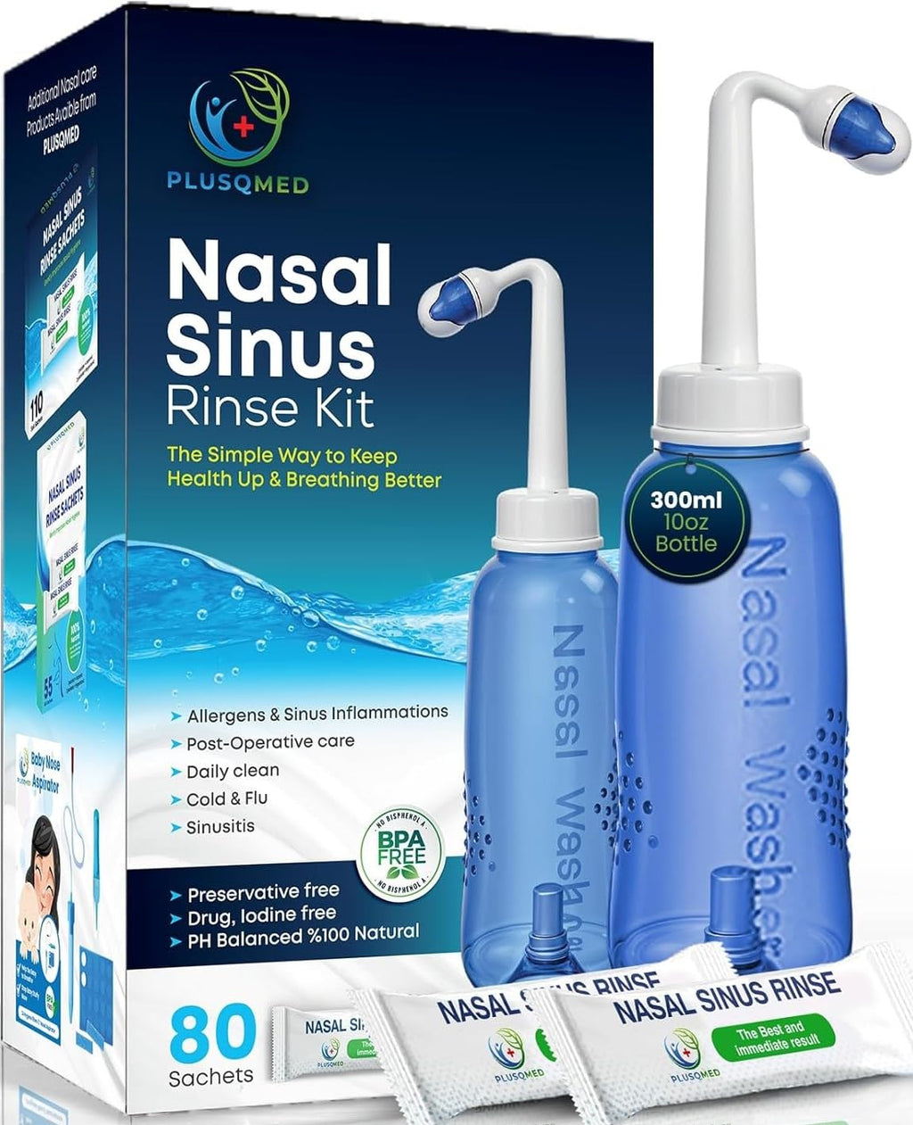 Nasal Rinse Kit 300ml - Sinus Wash Neti Pot Bottle with 80 Saline Packets - Allergy and Cold Relief for Adults and Kids - Damaged Box