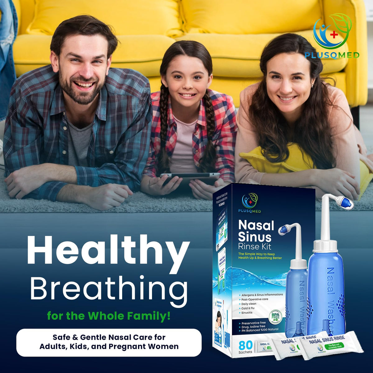 Nasal Rinse Kit 300ml - Sinus Wash Neti Pot Bottle with 80 Saline Packets - Allergy and Cold Relief for Adults and Kids - Damaged Box