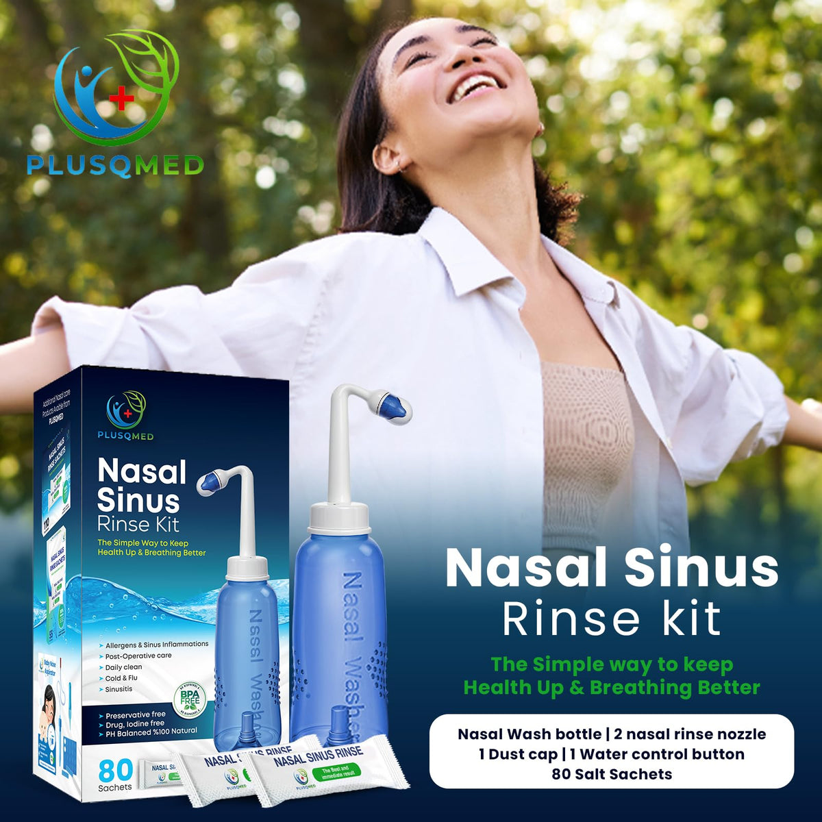 Nasal Rinse Kit 300ml - Sinus Wash Neti Pot Bottle with 80 Saline Packets - Allergy and Cold Relief for Adults and Kids - Damaged Box