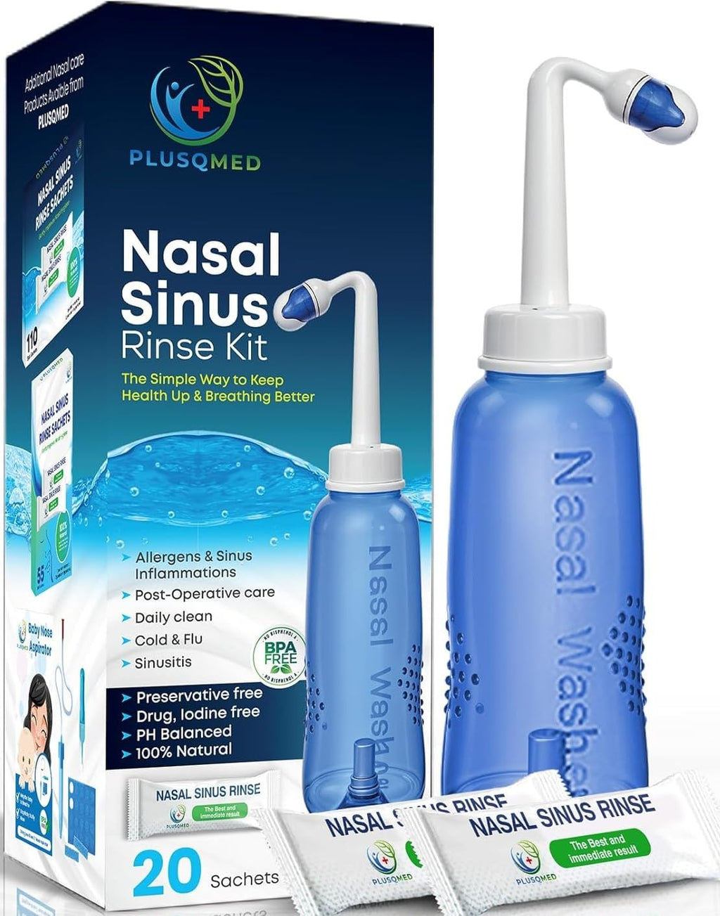 Nasal Rinse Kit 300ml - Sinus Wash Neti Pot Bottle with 80 Saline Packets - Allergy and Cold Relief for Adults and Kids - Damaged Box