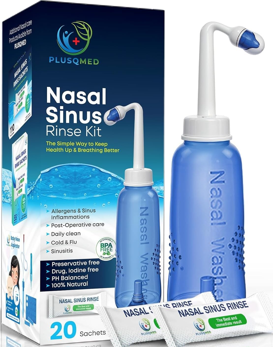 Nasal Rinse Kit 300ml - Sinus Wash Neti Pot Bottle with 80 Saline Packets - Allergy and Cold Relief for Adults and Kids - Damaged Box