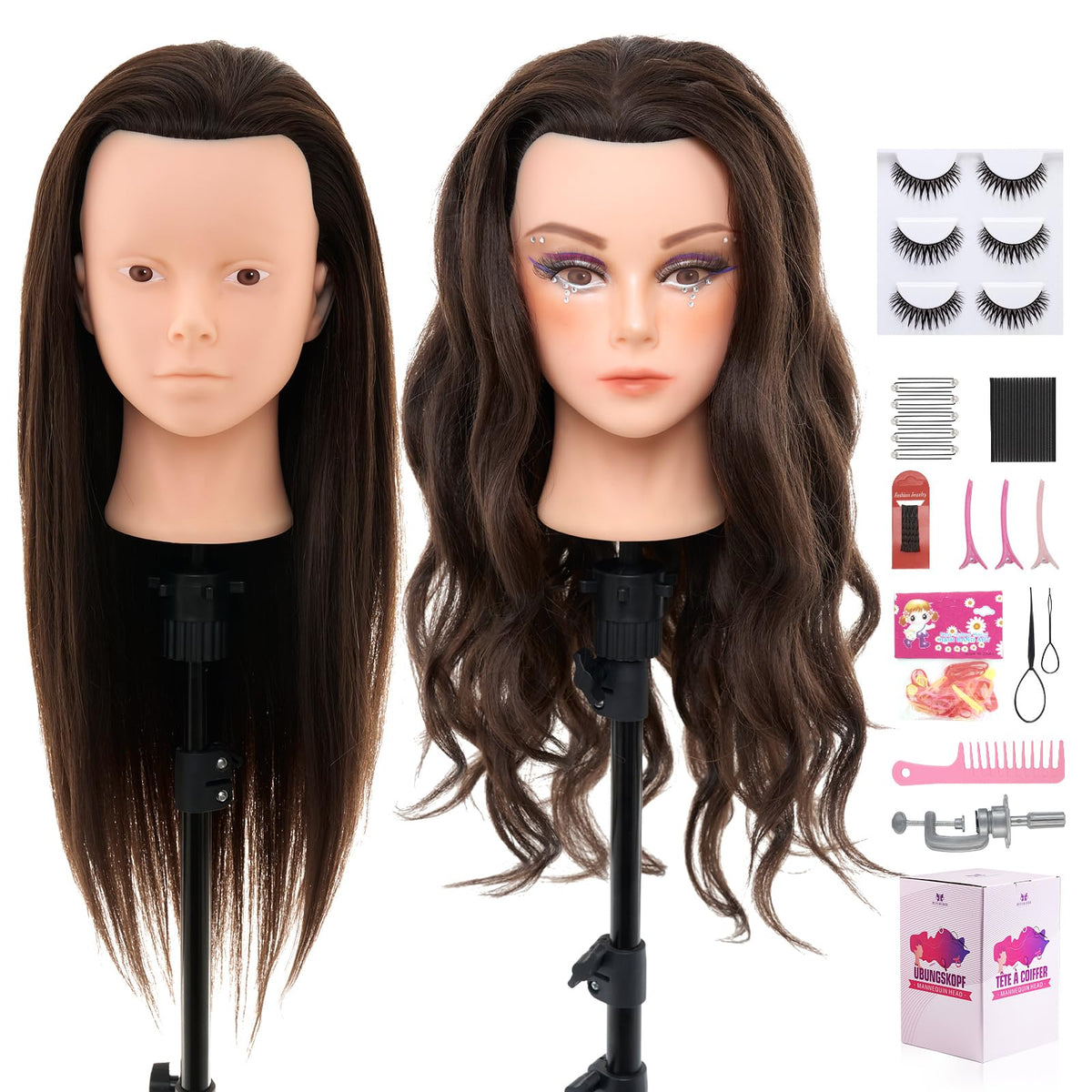 Neverland Hairdressing Mannequin Head With Makeup 26-28 Inch 60% Real Hair Training Practice Doll Head - Damaged Box