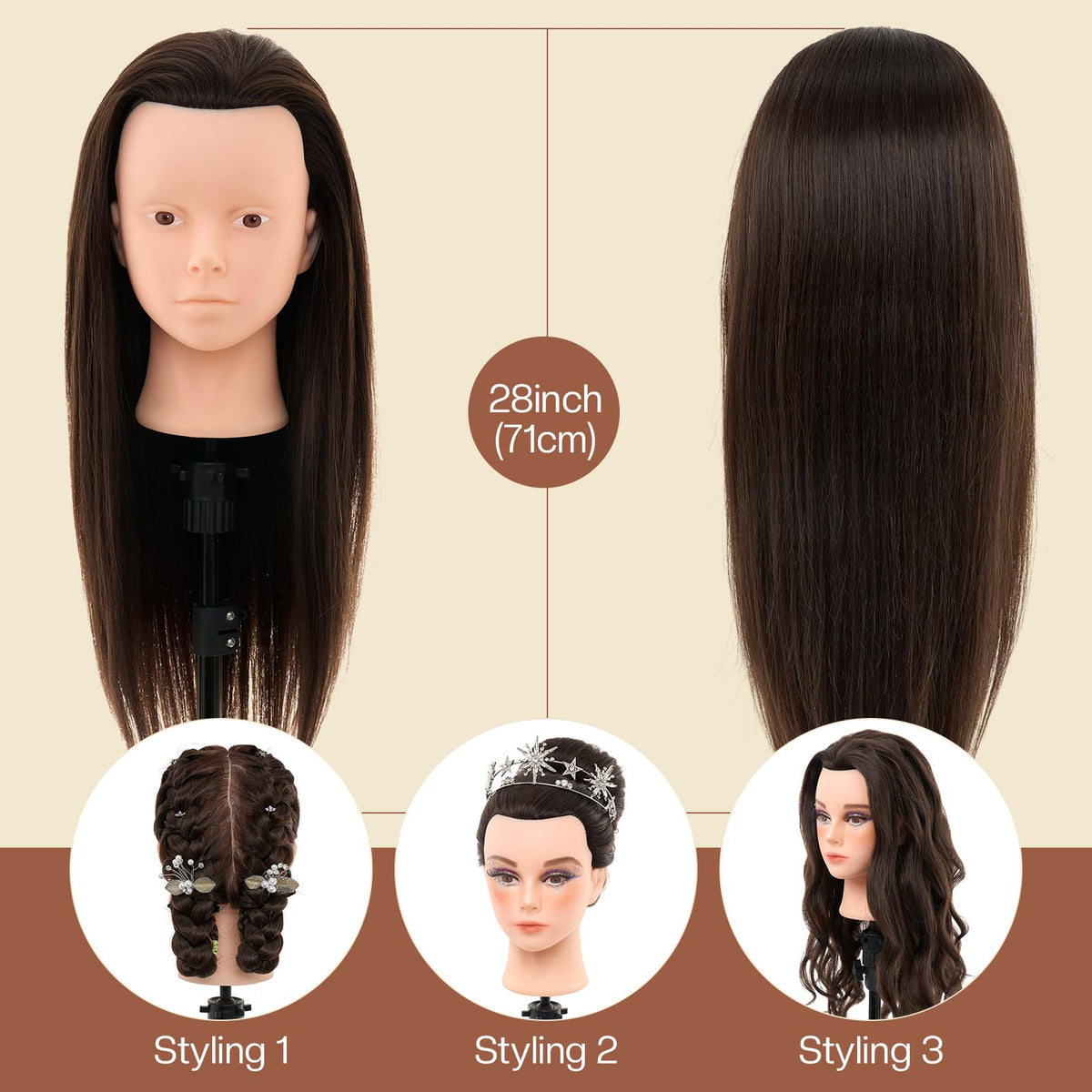 Neverland Hairdressing Mannequin Head With Makeup 26-28 Inch 60% Real Hair Training Practice Doll Head - Damaged Box