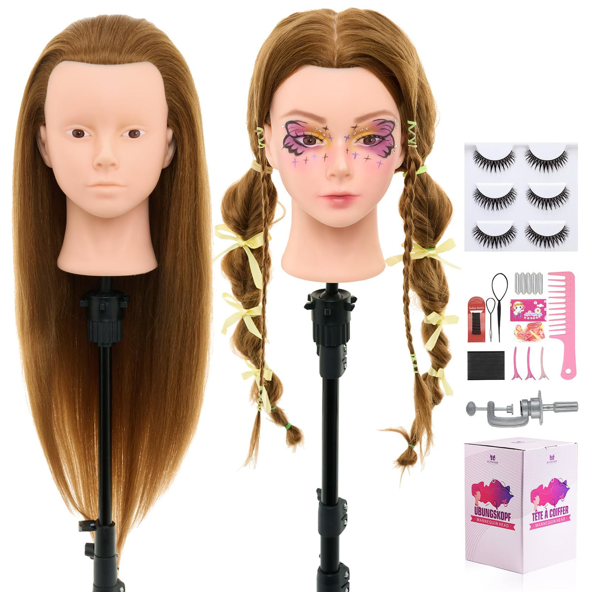 Neverland Hairdressing Mannequin Head With Makeup 26-28 Inch 60% Real Hair Training Practice Doll Head - Damaged Box
