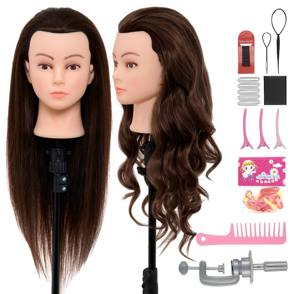 Neverland Hairdressing Mannequin Head With Makeup 26-28 Inch 60% Real Hair Training Practice Doll Head - Damaged Box