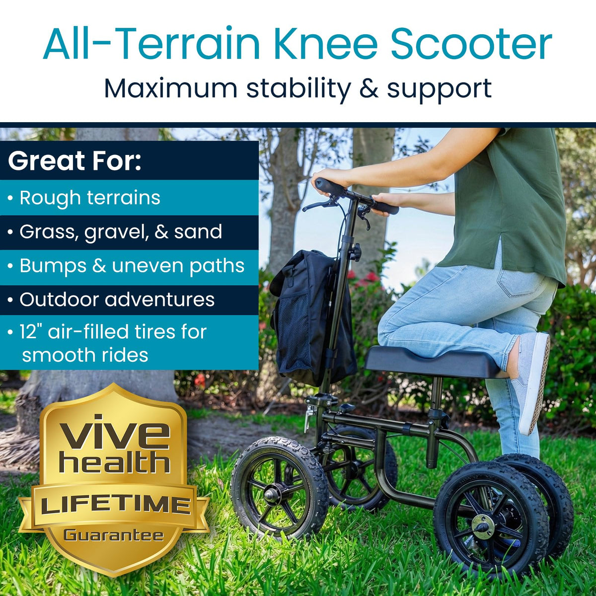 Vive Mobility All Terrain Knee Scooter - Orthopedic Knee Walker for Broken Leg Foot Ankle Injuries - Kneeling Quad Roller Cart - Damaged Box