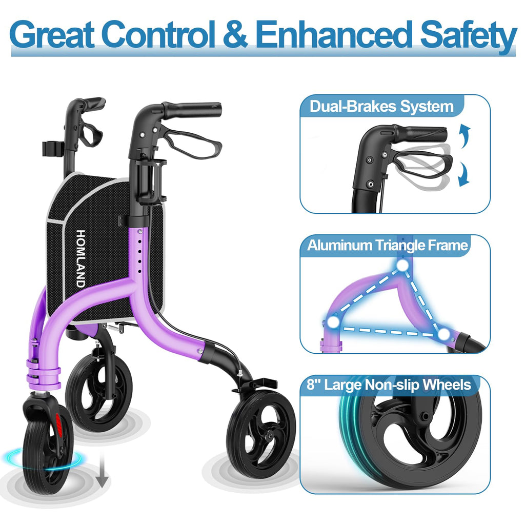 HOMLAND 3 Wheel Tri Walker Rollator with Bag - Foldable Lightweight 4.6kg Walking Aid for Seniors - Damaged Box