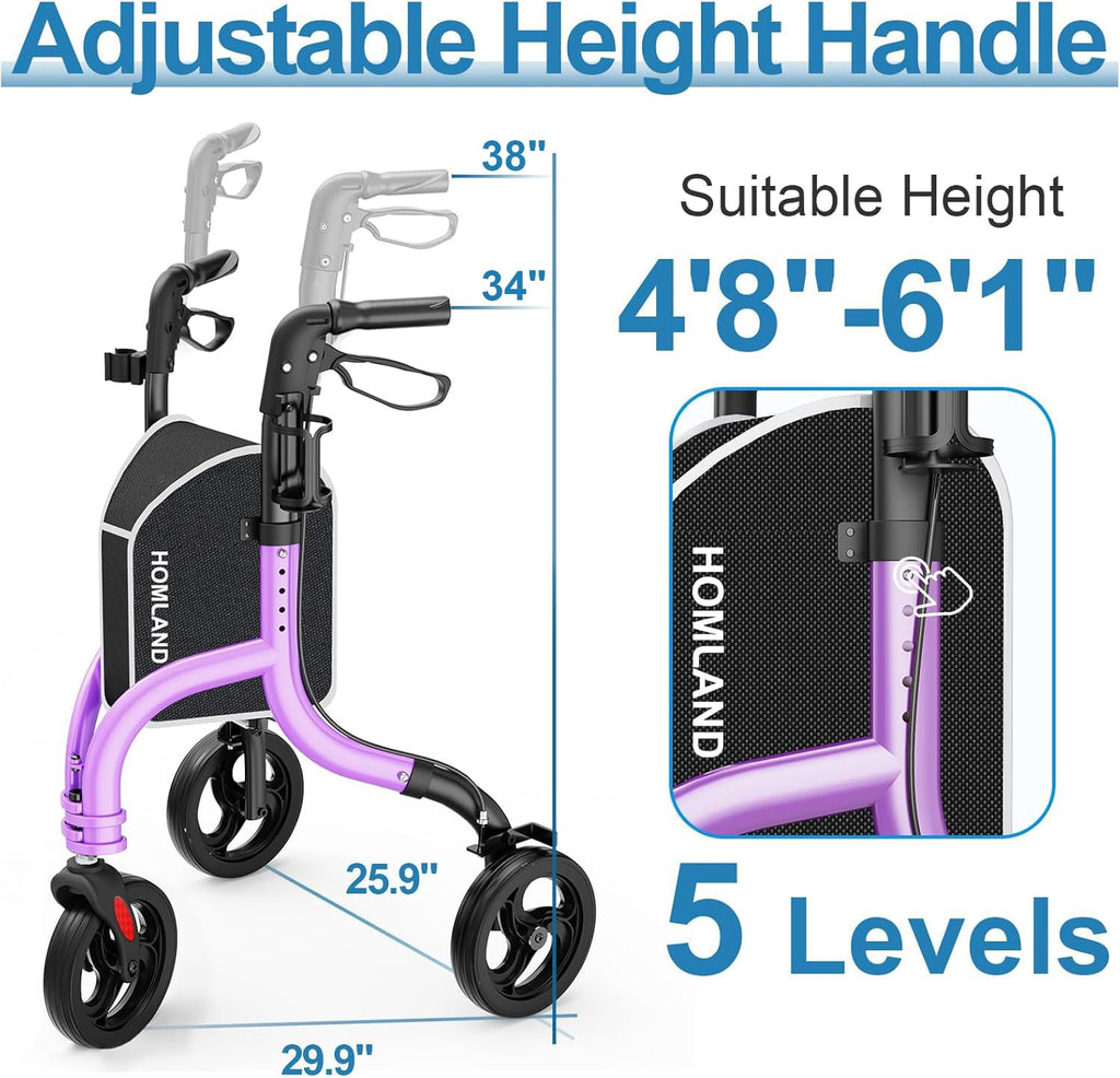 HOMLAND 3 Wheel Tri Walker Rollator with Bag - Foldable Lightweight 4.6kg Walking Aid for Seniors - Damaged Box