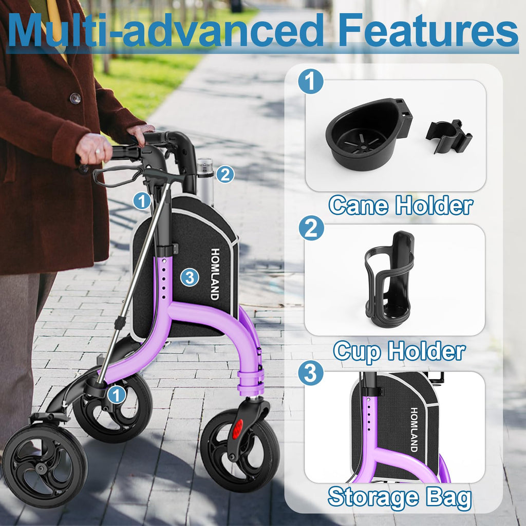 HOMLAND 3 Wheel Tri Walker Rollator with Bag - Foldable Lightweight 4.6kg Walking Aid for Seniors - Damaged Box